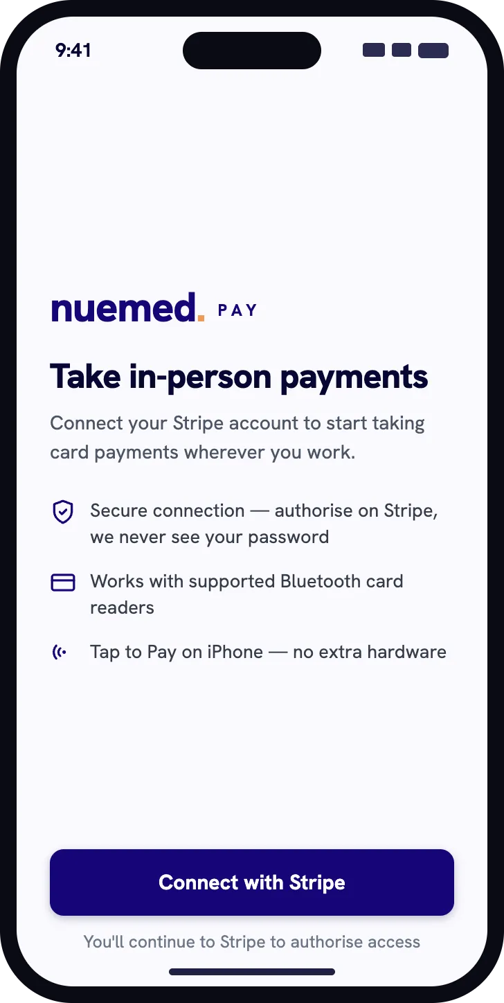 Nuemed Pay screen for connecting a Stripe account