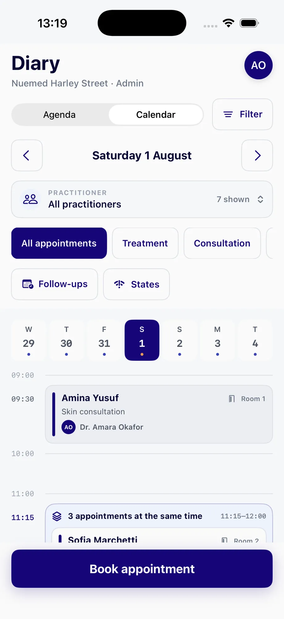 nuemed runit clinic diary showing appointments across the day