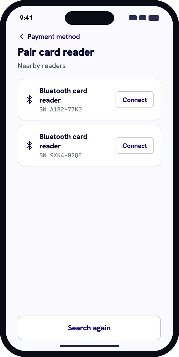 Nuemed Pay screen showing nearby Bluetooth card readers