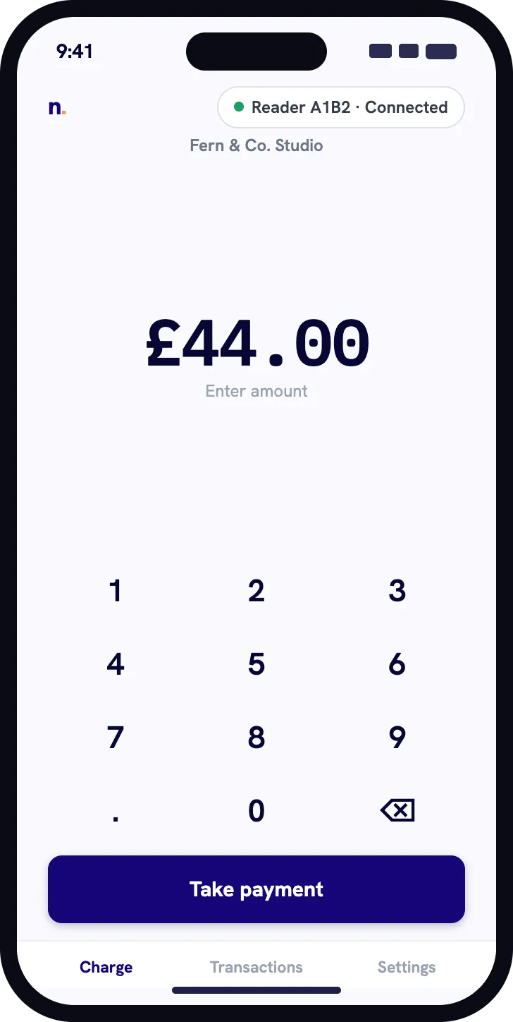Nuemed Pay charge screen with a connected reader and amount keypad