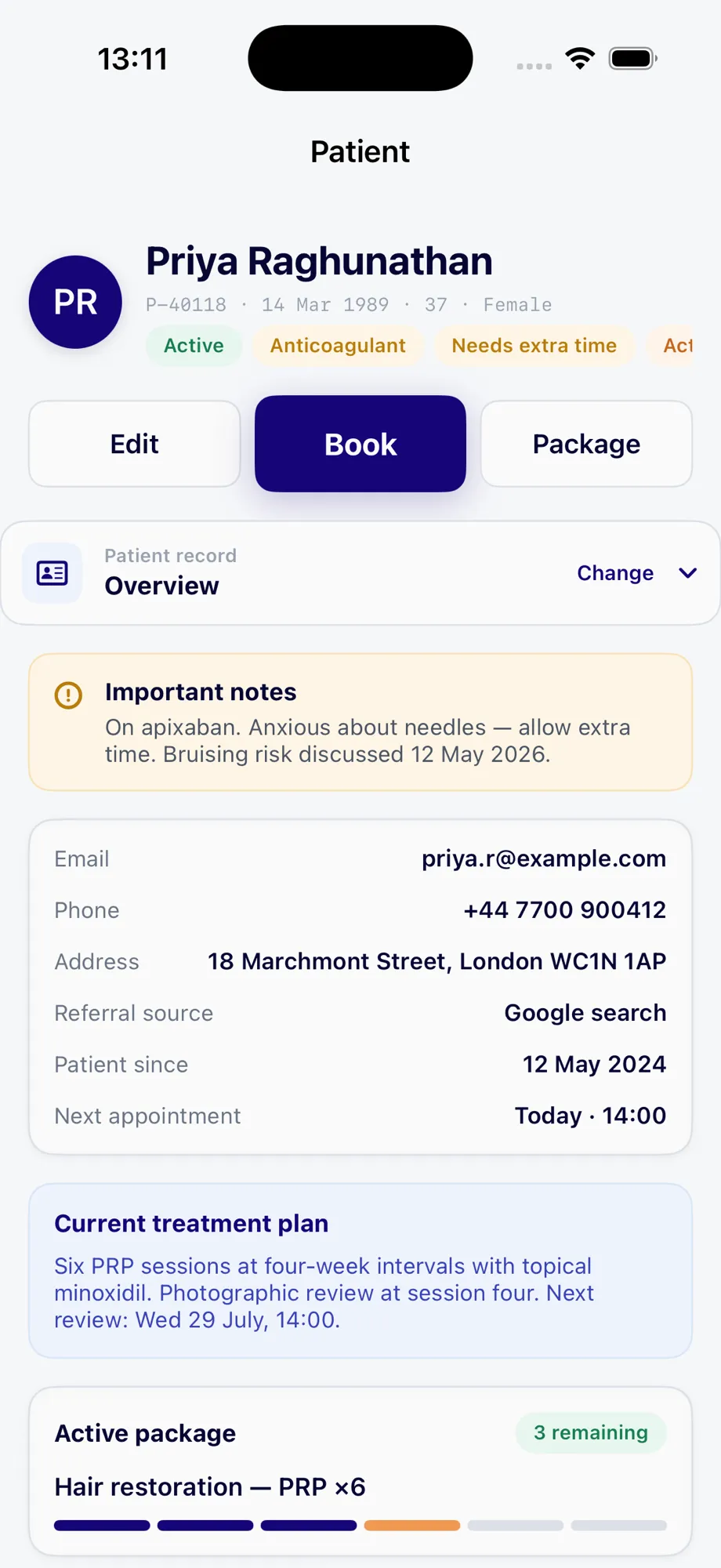 nuemed runit patient overview with appointments, forms and clinical information