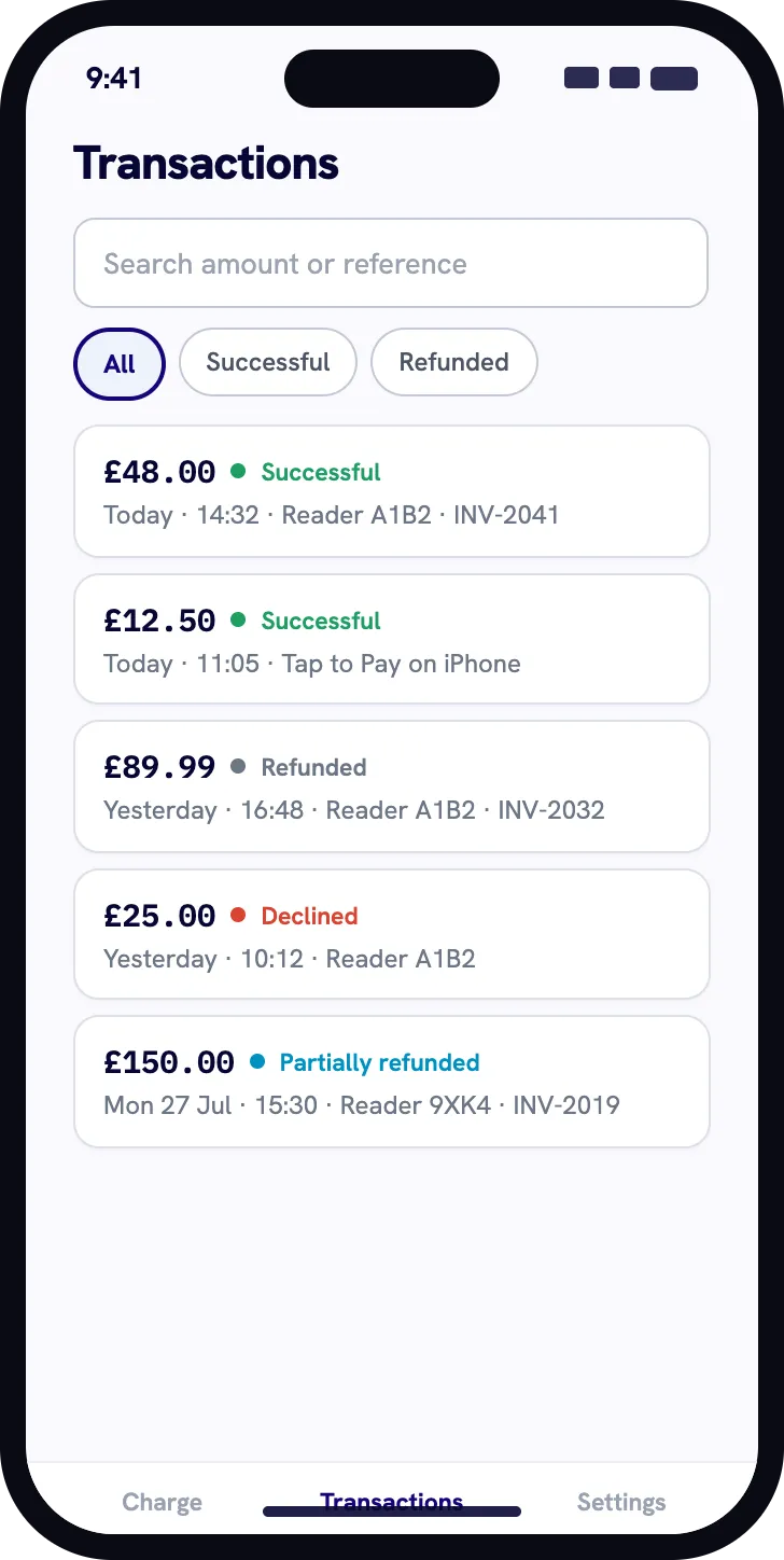 Nuemed Pay transaction history with successful, refunded and declined payments