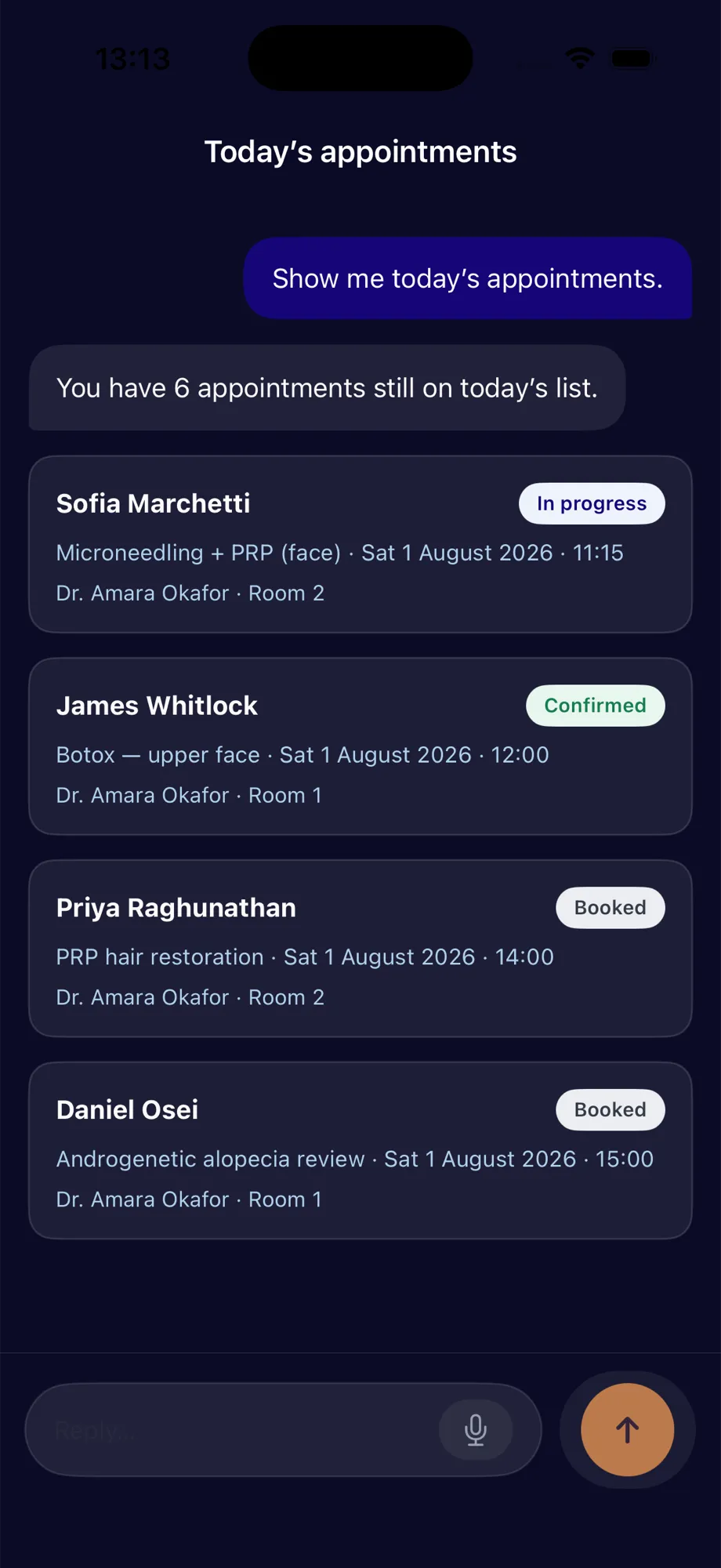 nuemed runit AI response showing today's appointments