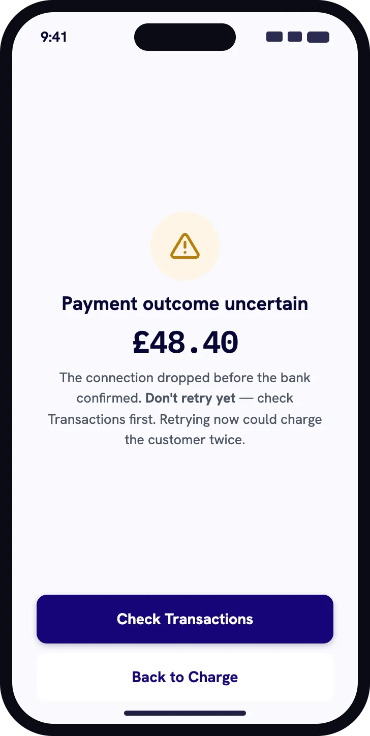 Nuemed Pay outcome uncertain screen advising the user to check Transactions before retrying