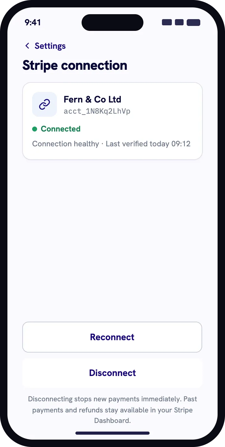 Nuemed Pay Stripe connection settings with Disconnect action
