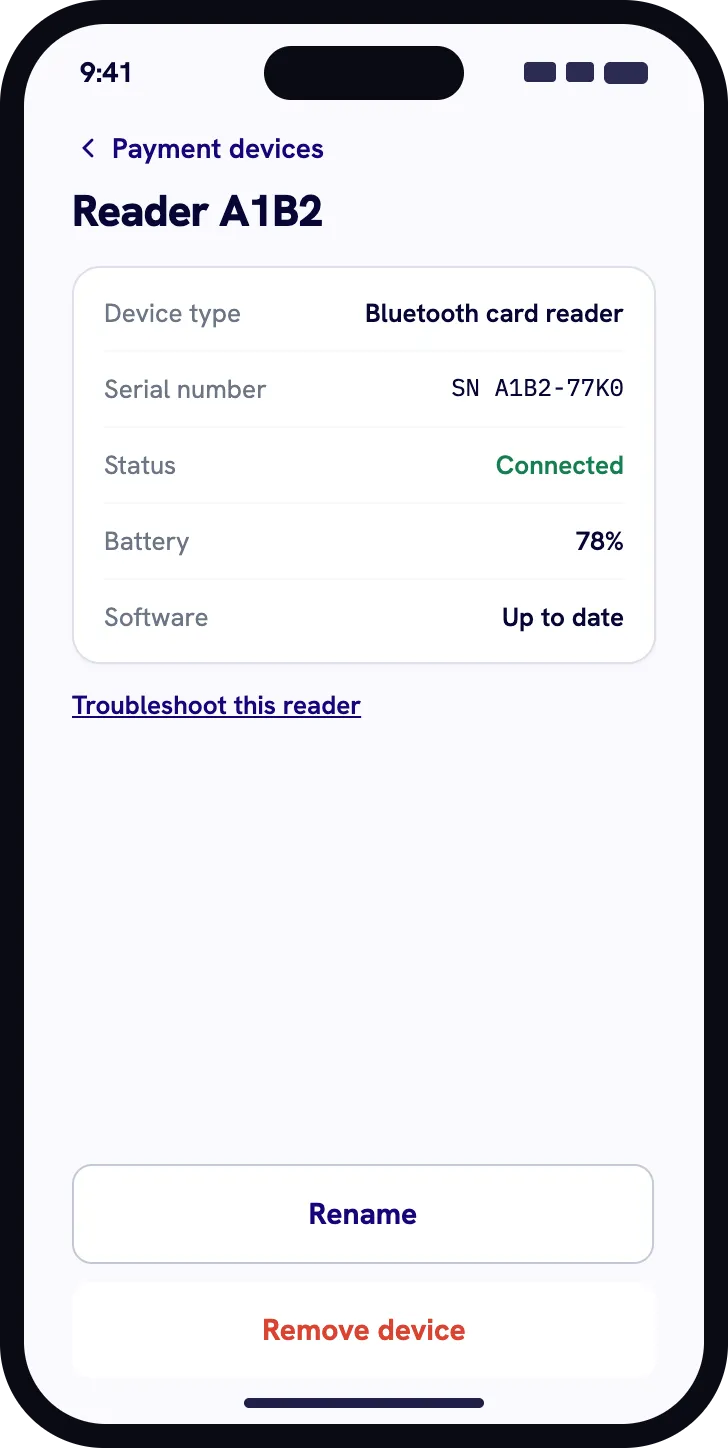 Nuemed Pay connected reader details screen