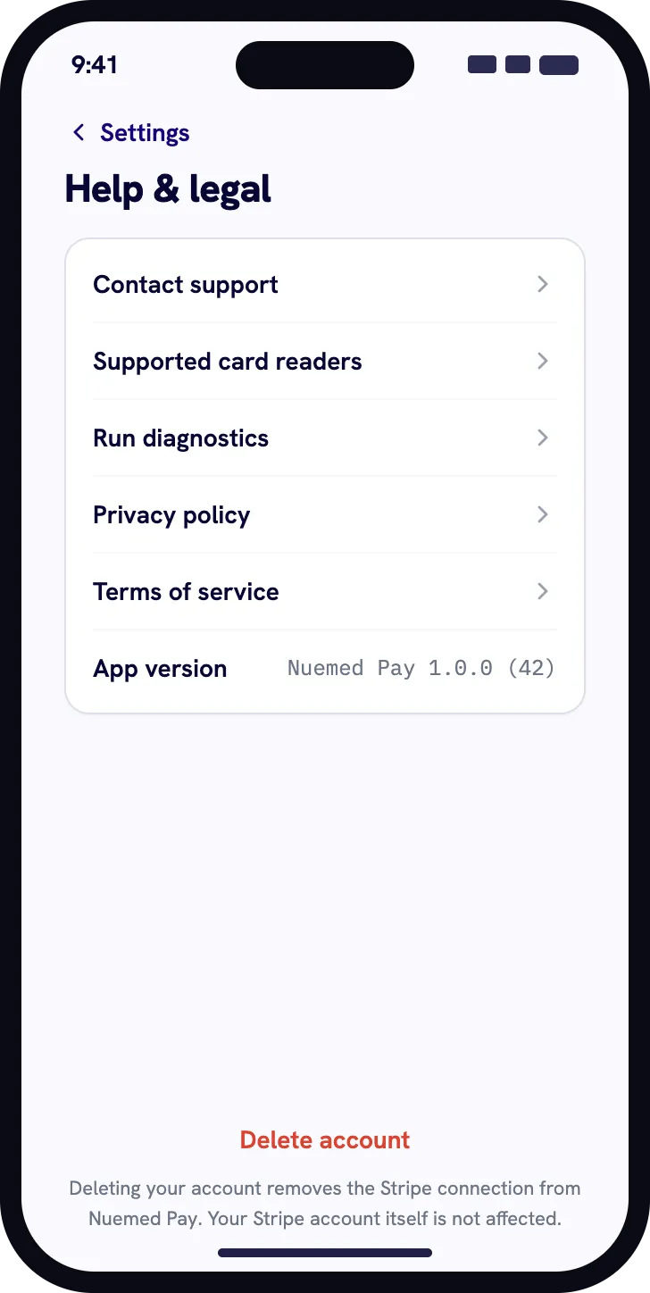 Nuemed Pay Help and legal settings with account deletion control