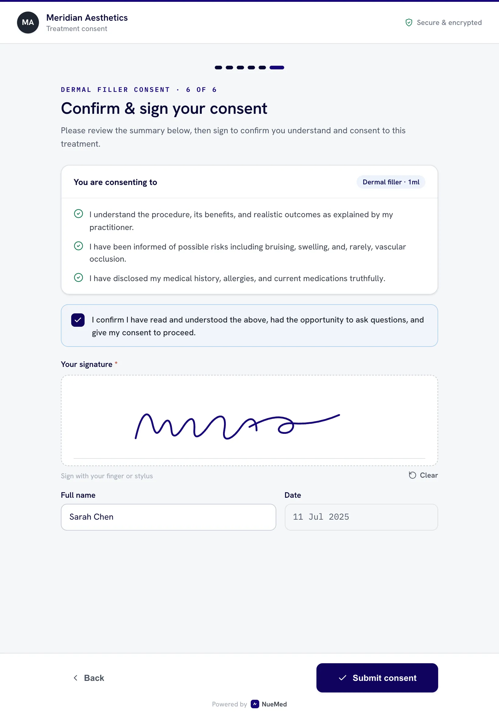 A clinic-branded digital consent form being completed in nuemed