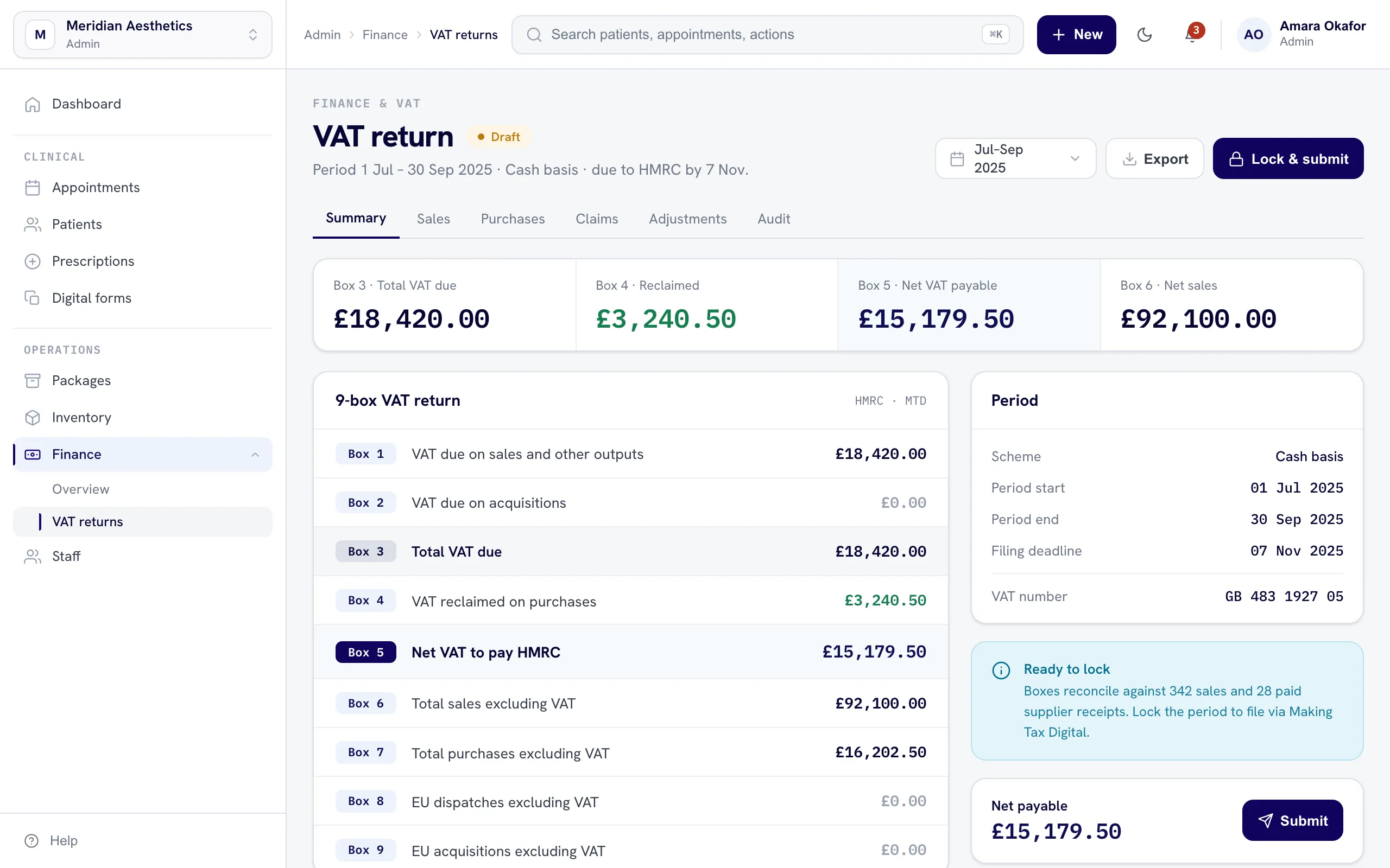 The nuemed finance and VAT dashboard