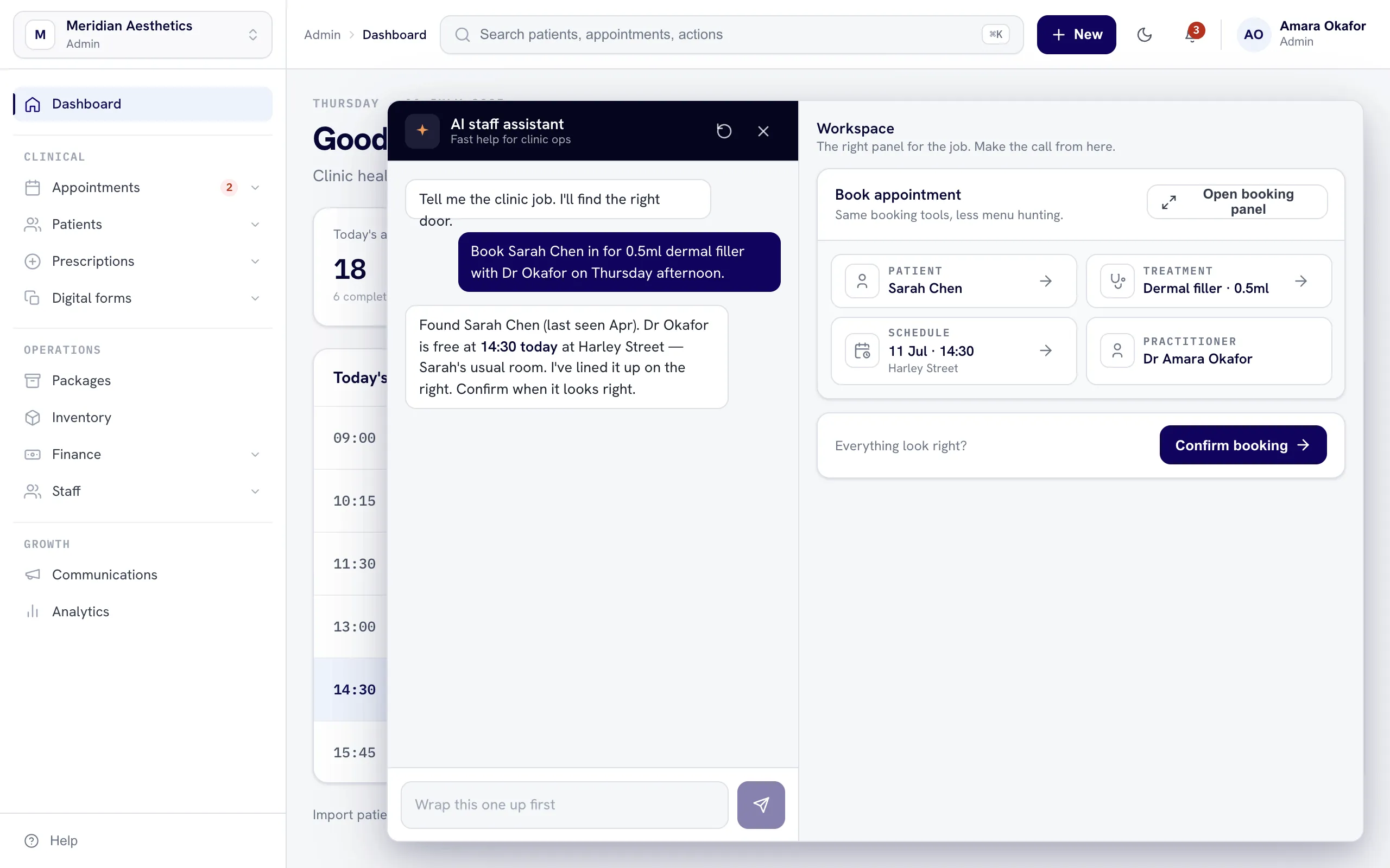 nuemed clinic dashboard with the AI assistant booking a patient